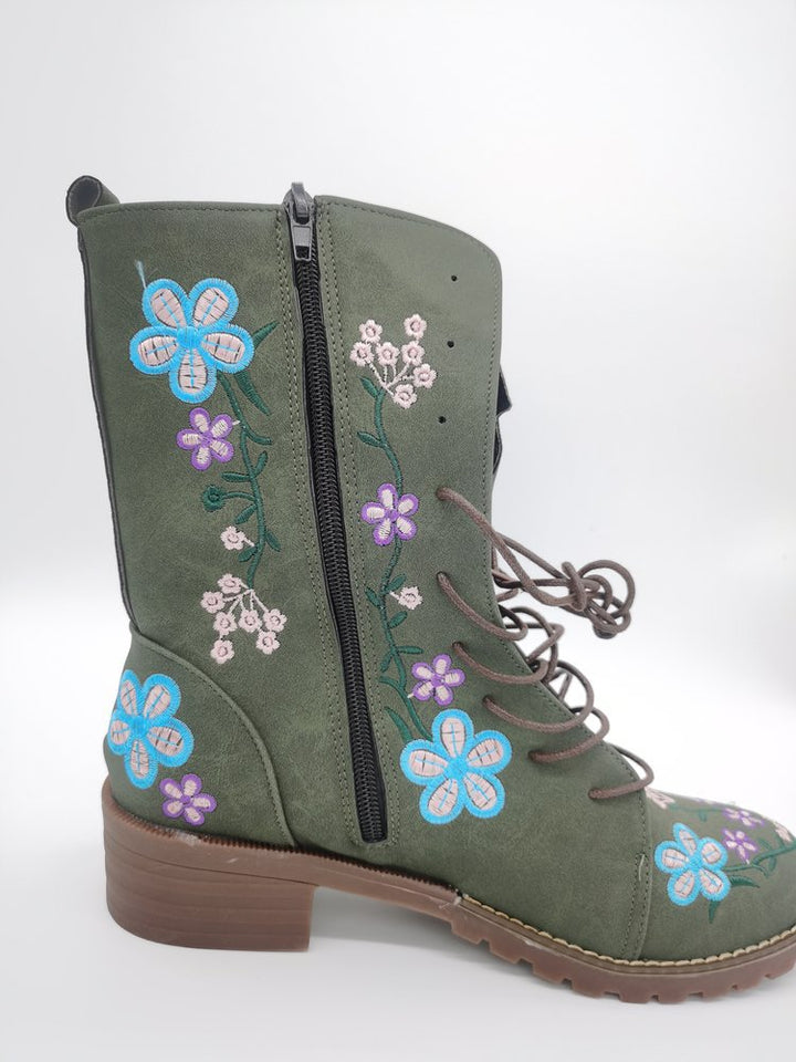 Women’s Mid-Calf Boots – Embroidered Floral – Round Toe – Block Heel – Lace-Up Zip