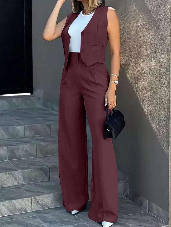 Women’s Vest and Trousers Set – Tailored Fit – High Waist – Wide Leg – Button Front