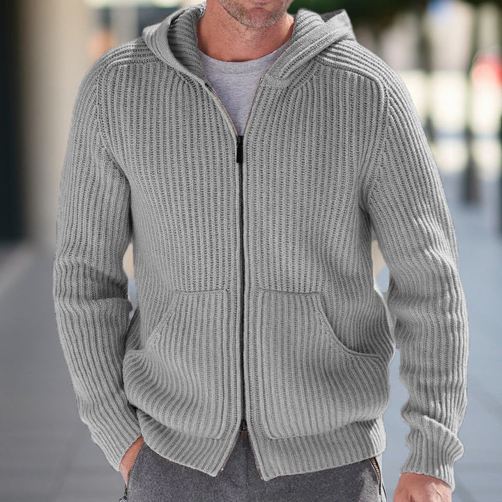 Men’s Knit Cardigan - Relaxed Fit - Hooded - Ribbed Texture - Long Sleeve Casual Layer