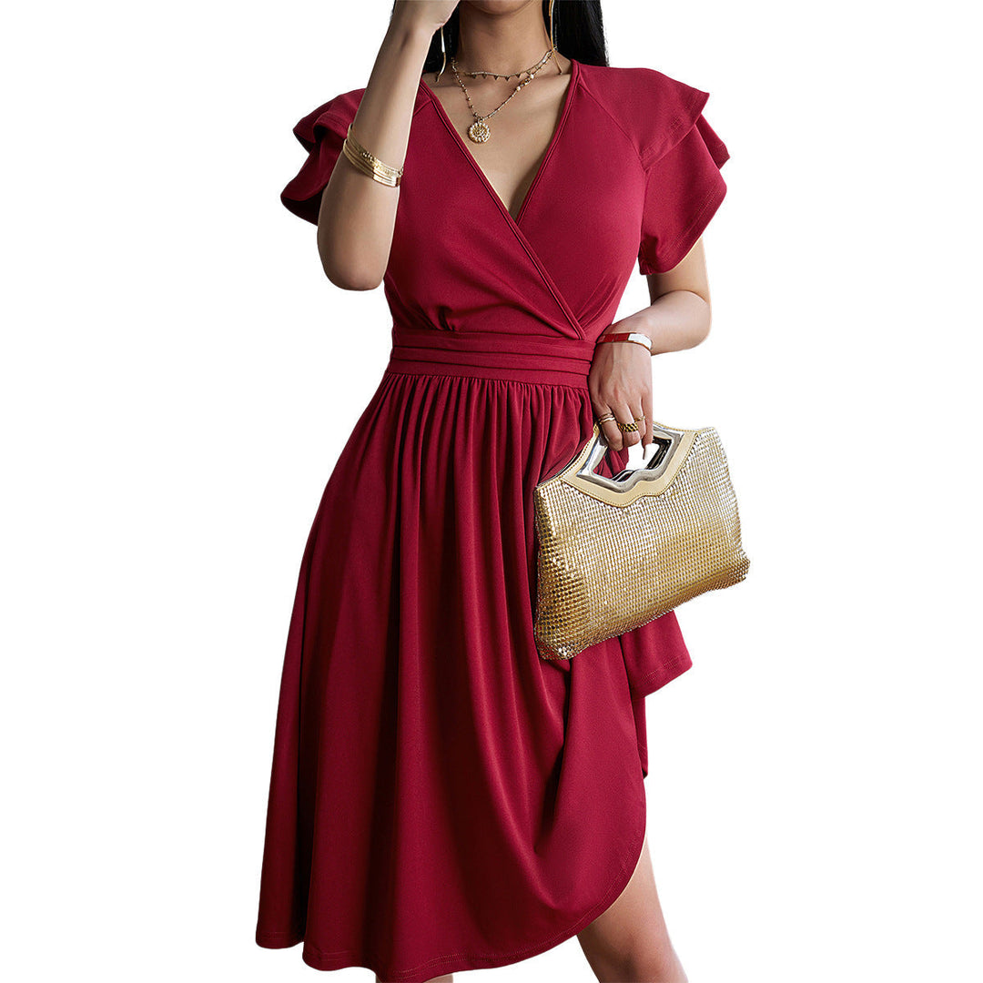 Women's V-Neck Wrap Dress - Short Flutter Sleeve - Fitted Waist - Knee-Length Elegant Wear