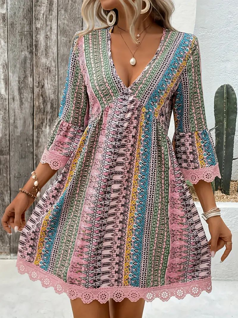 Women’s Boho Dress – Flowy Fit – V-Neck – 3/4 Sleeve – Lace Trim – Ethnic Print