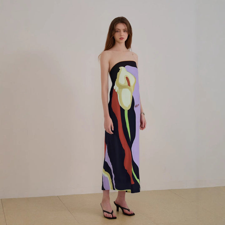 Women’s Strapless Midi Dress – Flowing Silhouette – Lightweight Abstract Pattern