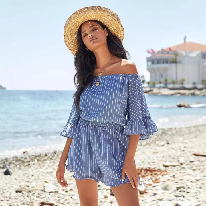 Women’s Off-Shoulder Romper – Elastic Waist – Ruffle Sleeve – Striped Lightweight Fit