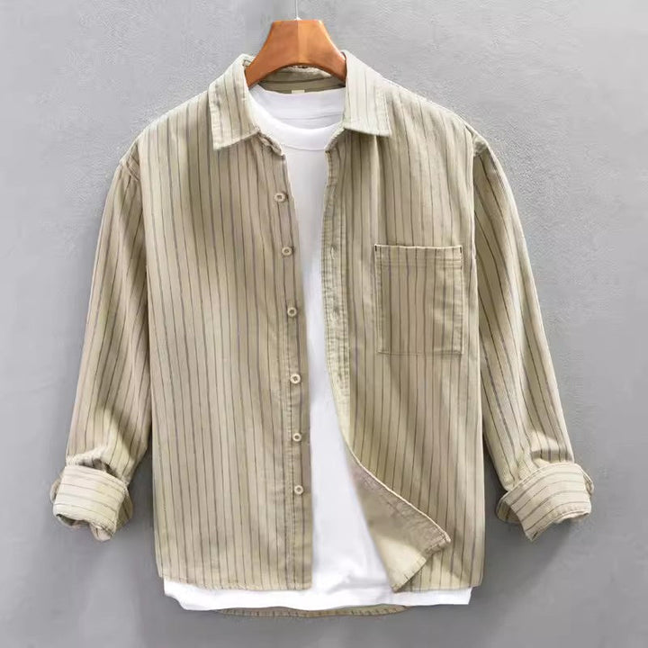 Men’s Long Sleeve Shirt – Relaxed Fit – Cotton – Vertical Stripes – Button Down – Chest Pocket
