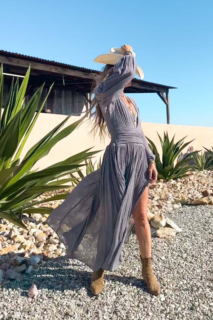 Women’s Maxi Dress – V-Neck – Long Sleeve – High Slit – Fitted Waist – Lightweight Flow