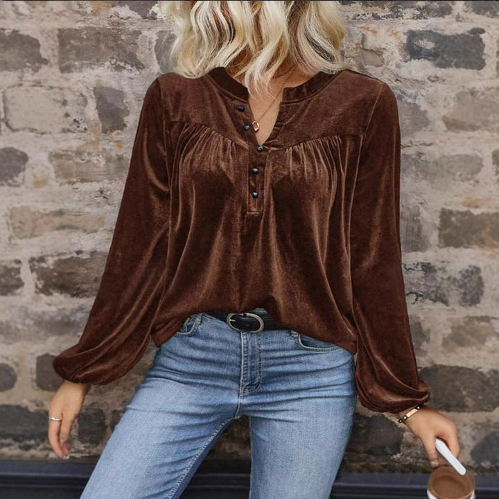 Women’s Long Sleeve Top – Velvet Texture – V-Neck with Button Detail – Relaxed Fit
