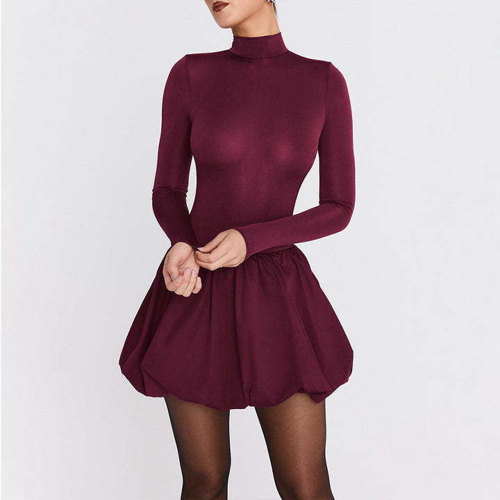 Women’s A-Line Dress – High Neck – Long Sleeve – Balloon Skirt – Slim Fit Bodice
