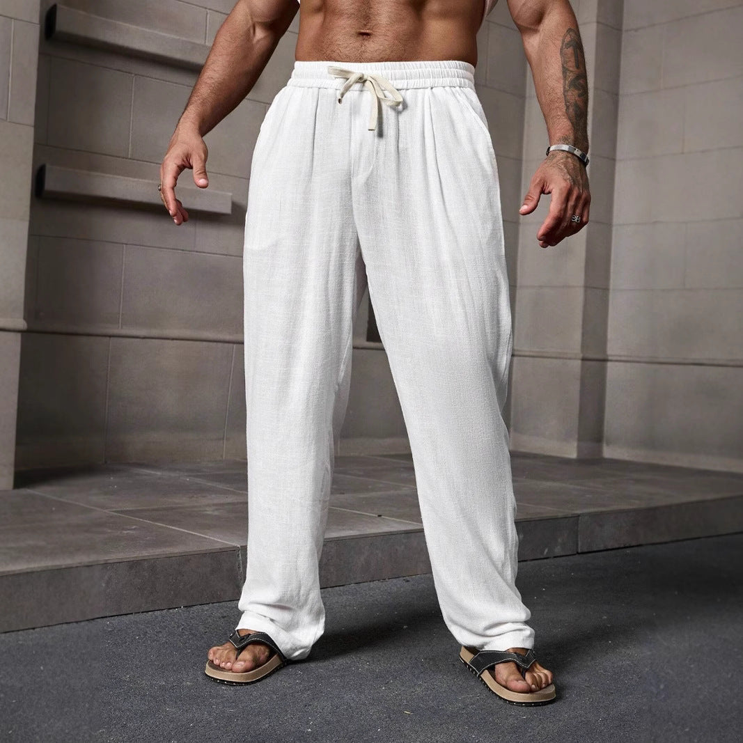 Men’s Casual Pants - Cotton Linen Blend - Loose Fit - Elastic Waist - Full Length