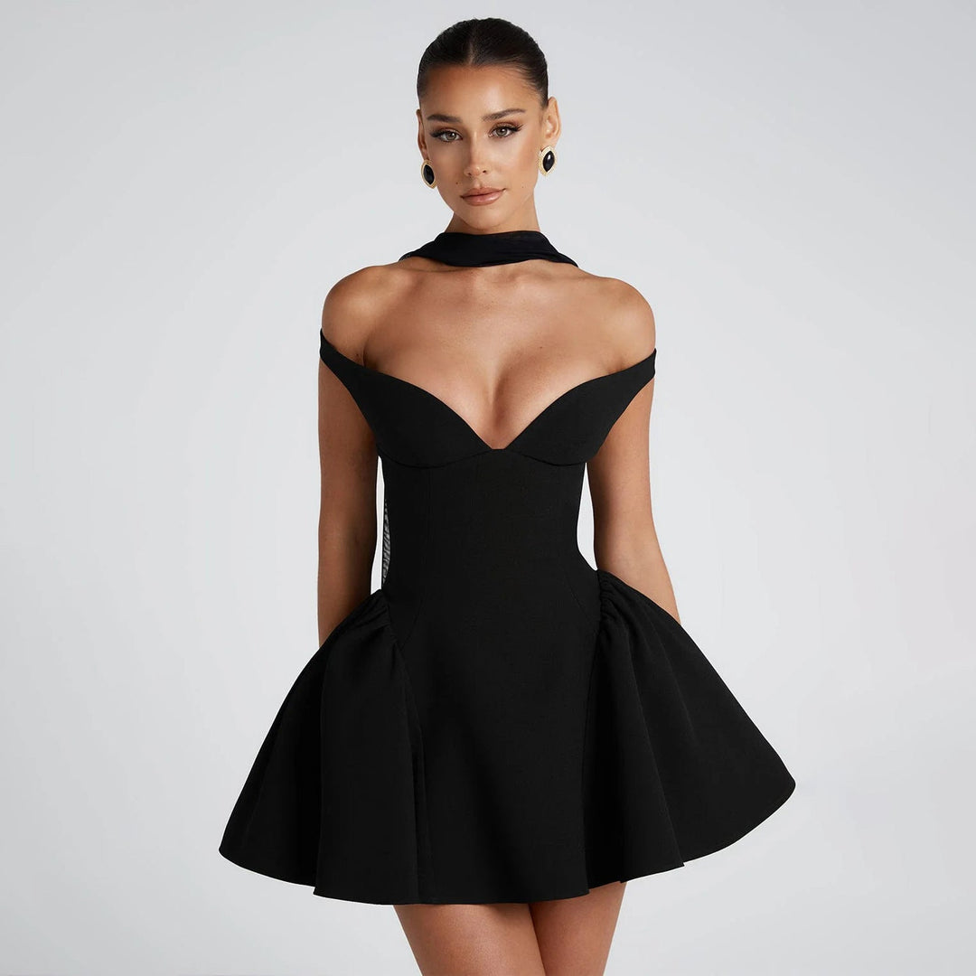 Women’s Cocktail Dress – Off Shoulder – Sweetheart Neckline – A-Line Skirt – Choker Detail