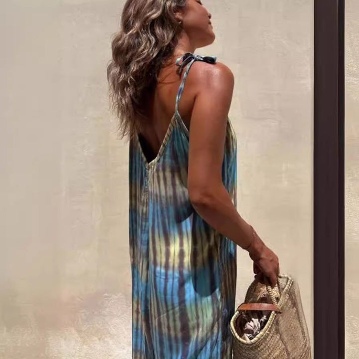 Women’s Jumpsuit – V-Neck – Tie-Dye Pattern – Elastic Cuffs – Adjustable Straps – Loose Fit