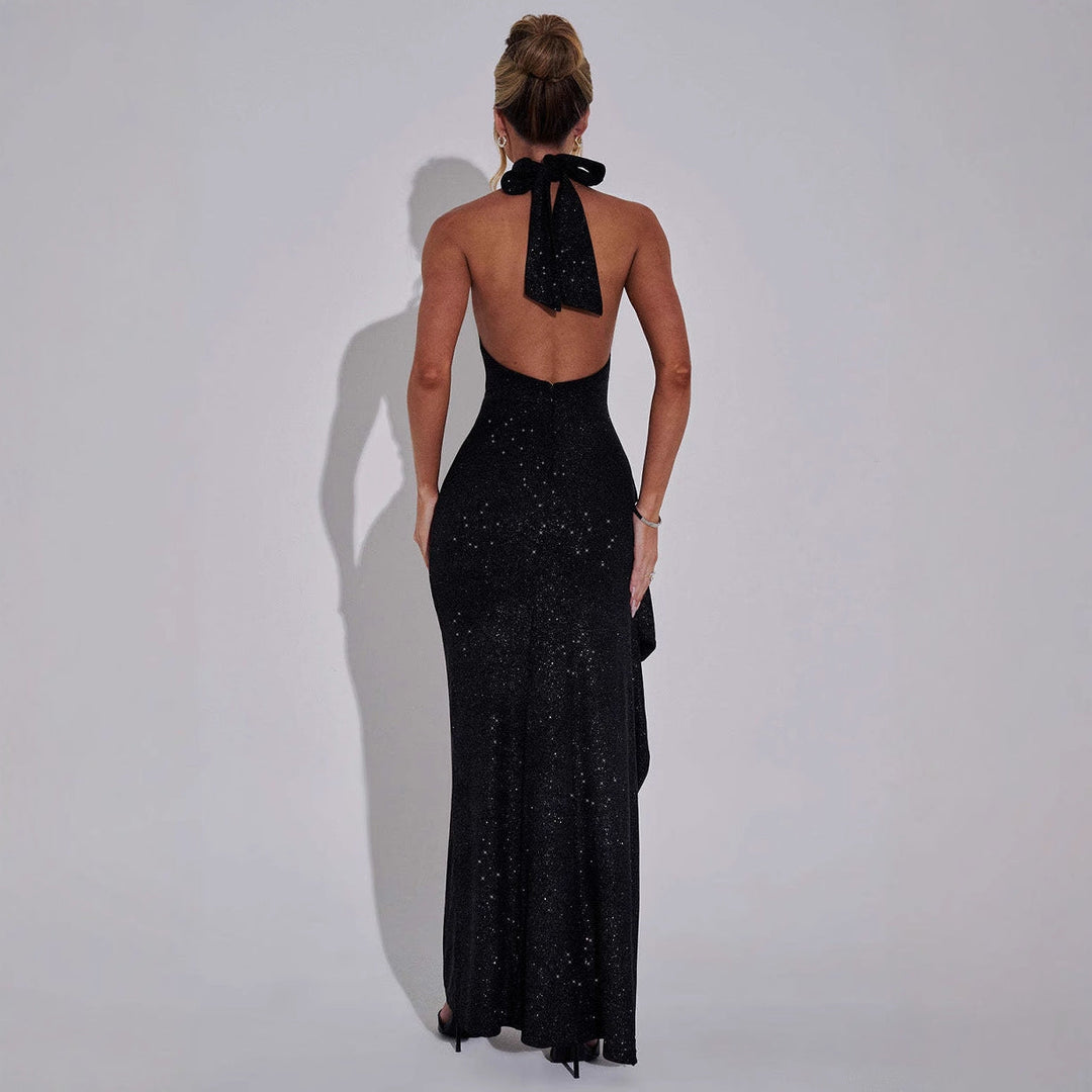 Women’s Evening Gown - Halter Neck - Fitted Silhouette - High Slit - Shimmer Detail