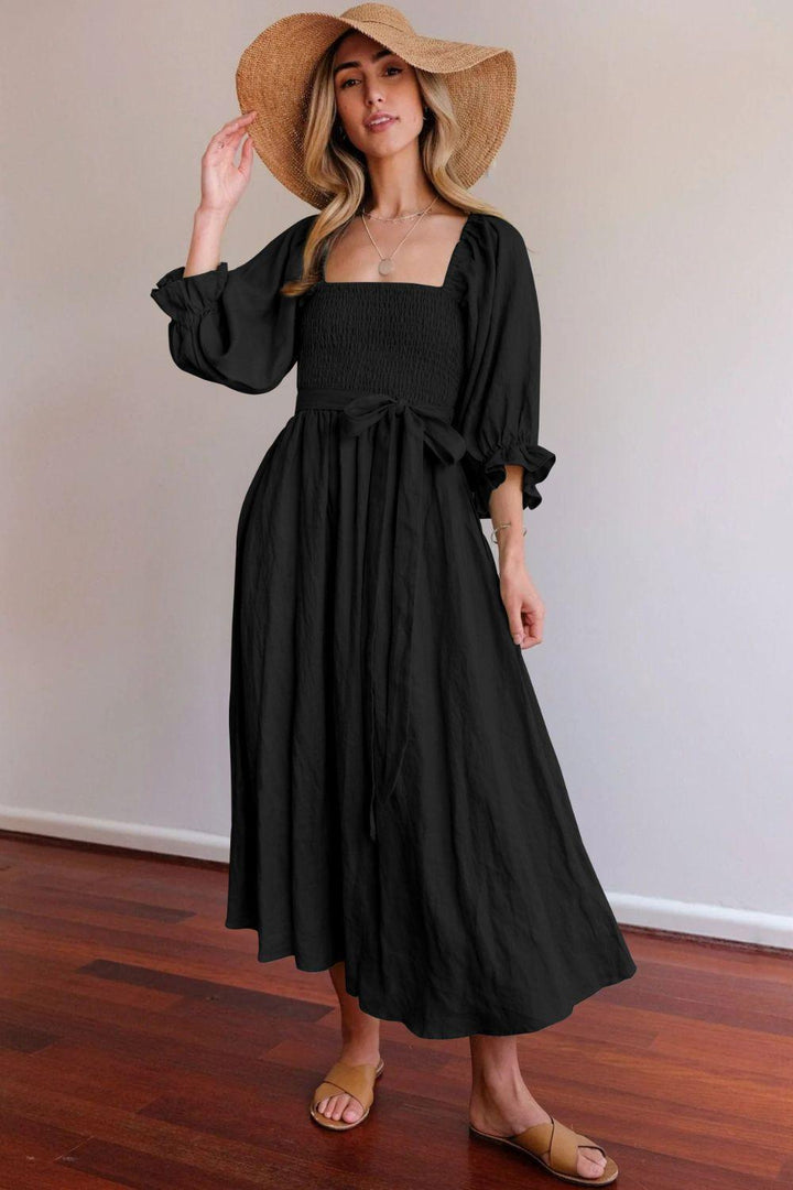 Women’s Midi Dress – Smocked Bodice – Puff Sleeve – Square Neck – Belted Waist