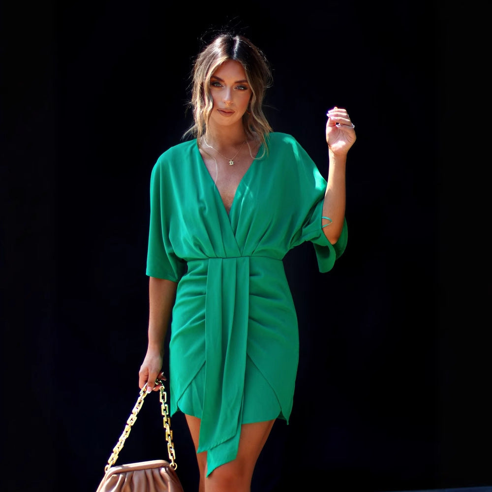 Women’s Skater Dress – V-Neck – Draped Waist – Soft Flowing Fit – Short Sleeve – Mini Length