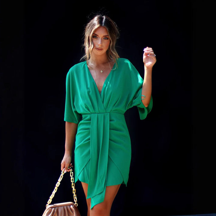 Women’s Skater Dress – V-Neck – Draped Waist – Soft Flowing Fit – Short Sleeve – Mini Length