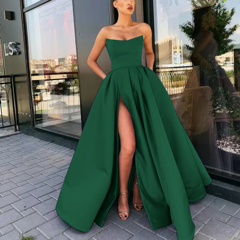 Women’s Evening Gown – Strapless Luxury Fabric – Fitted Bodice – Flowing Skirt with Slit