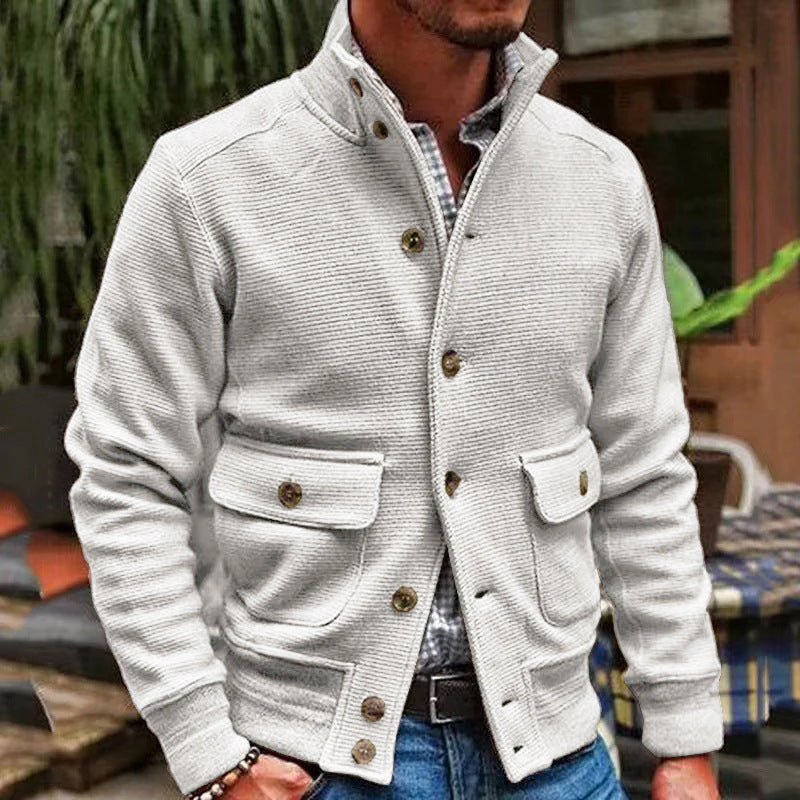 Men’s Jacket - Slim Fit - High Collar - Textured Cotton - Button Closure - Flap Pockets