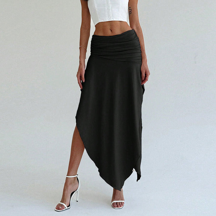 Women’s Midi Skirt – High Waist – Ruched Waistband – Asymmetrical Hem – Flowy Fit