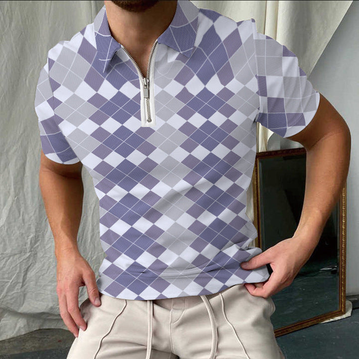 Men’s Polo Shirt – Slim Fit – Checkered Pattern – Zip Collar – Short Sleeve Casual – Cotton