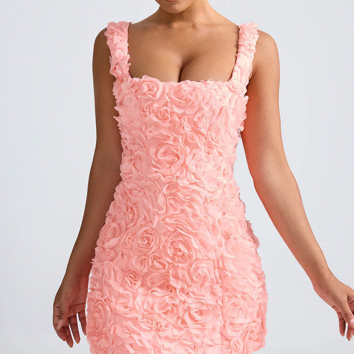 Women’s Mini Dress – Slim Fit – 3D Floral Appliqué – Square Neck – Sleeveless Party Wear