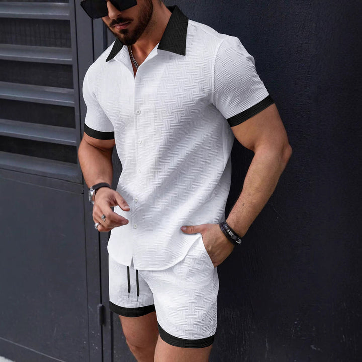 Men's Shirt and Shorts Set - Jacquard Texture - Relaxed Fit - Lapel Collar - Drawstring Waist