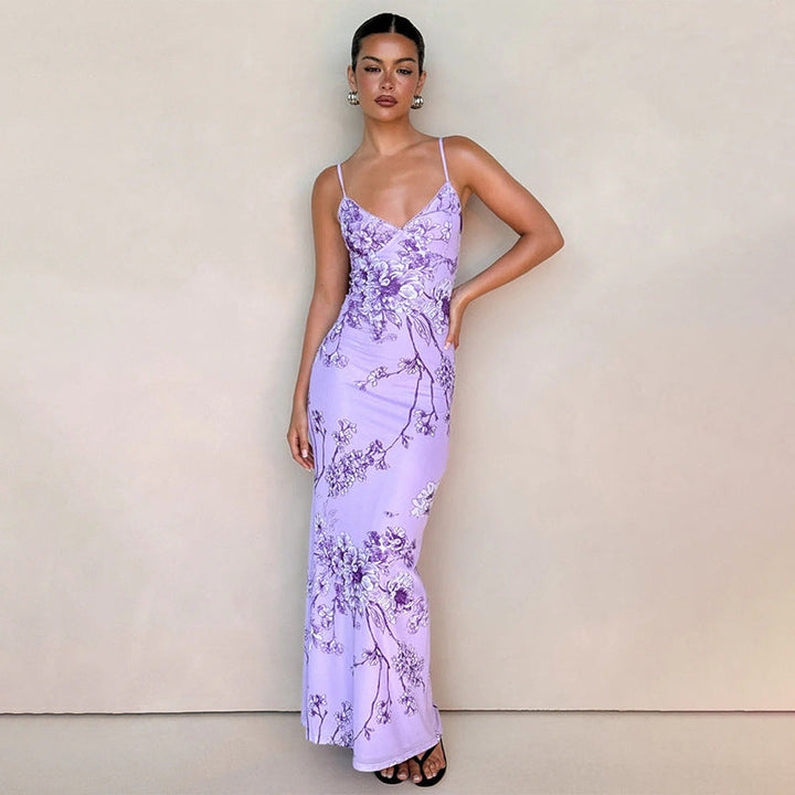 Women’s Maxi Dress - V-Neck A-Line - Floral Print - Spaghetti Straps - Lightweight Fabric