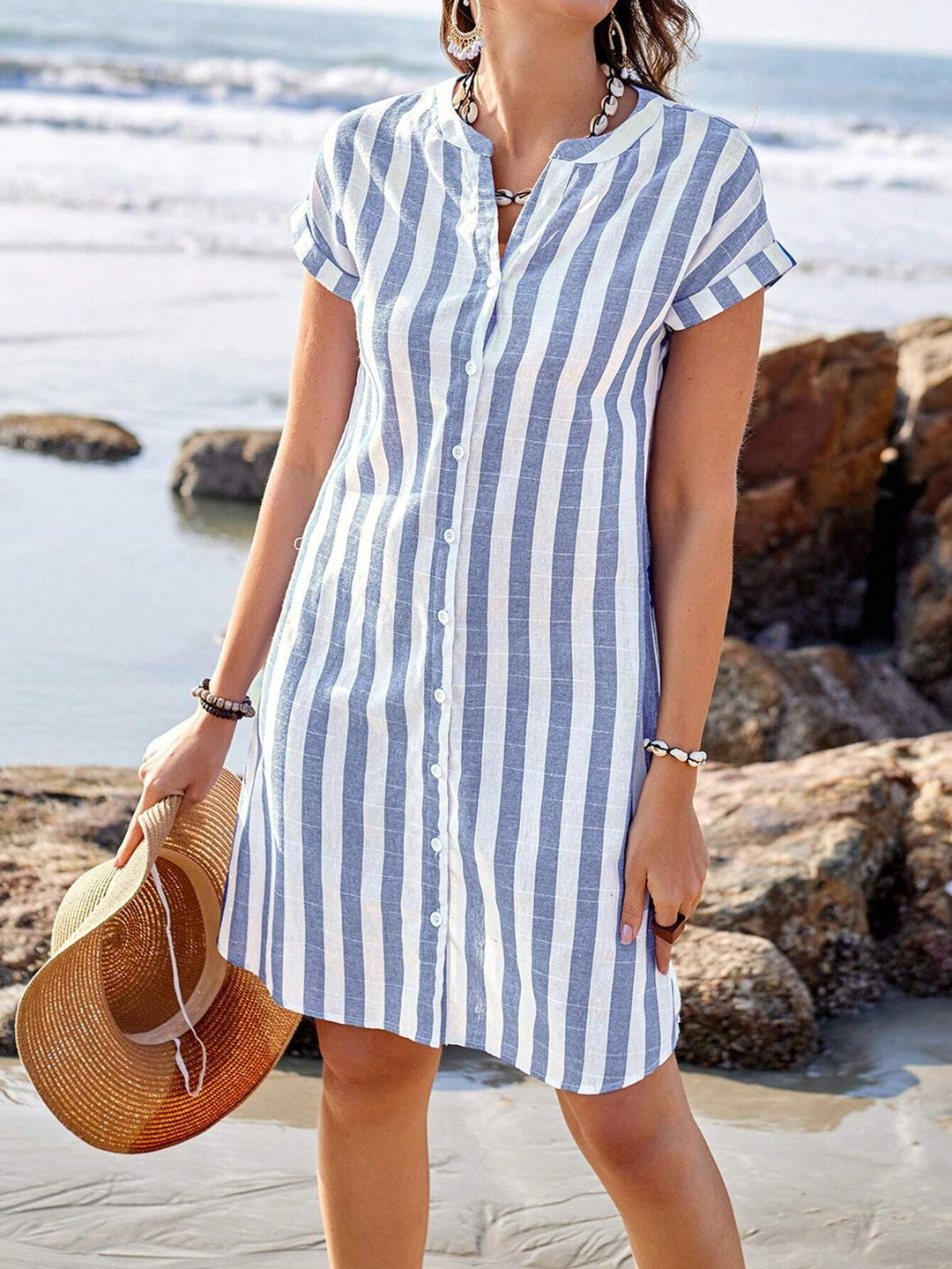 Women’s Shirt Dress – Loose Fit – Vertical Stripes – Short Sleeve – Cotton Blend