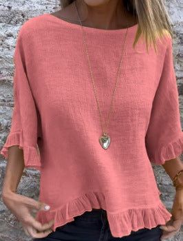 Women’s Blouse – Cotton Linen – Relaxed Fit – Ruffle Hem – Round Neck – Short Sleeve
