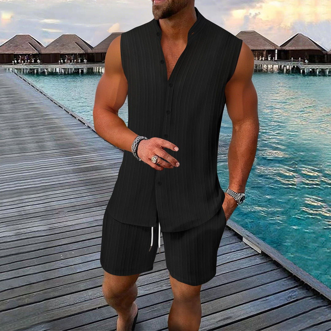Men’s Shirt and Short Set – Sleeveless – Relaxed Fit – Button-Up – Linen – Mandarin Collar