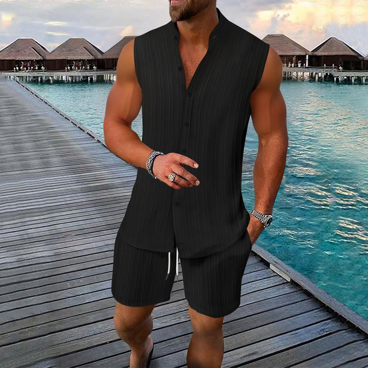 Men’s Shirt and Short Set – Sleeveless – Relaxed Fit – Button-Up – Linen – Mandarin Collar