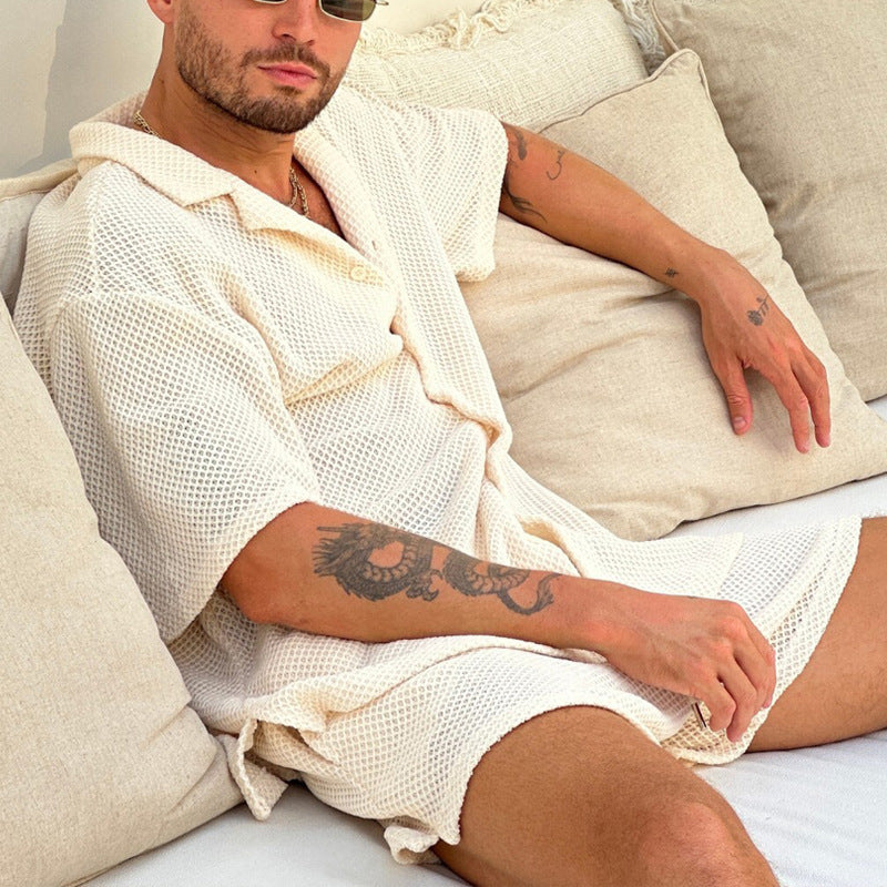 Men’s Shirt and Shorts Set - Short Sleeve Button-Up - Notched Collar - Elastic Waist Drawstring