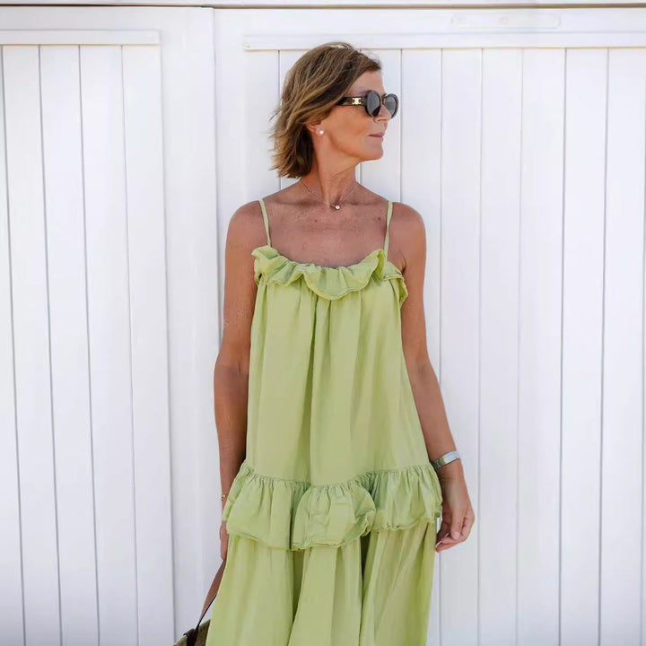 Women’s Maxi Dress - Lightweight Cotton - Ruffle Neckline - Tiered Skirt - Spaghetti Straps