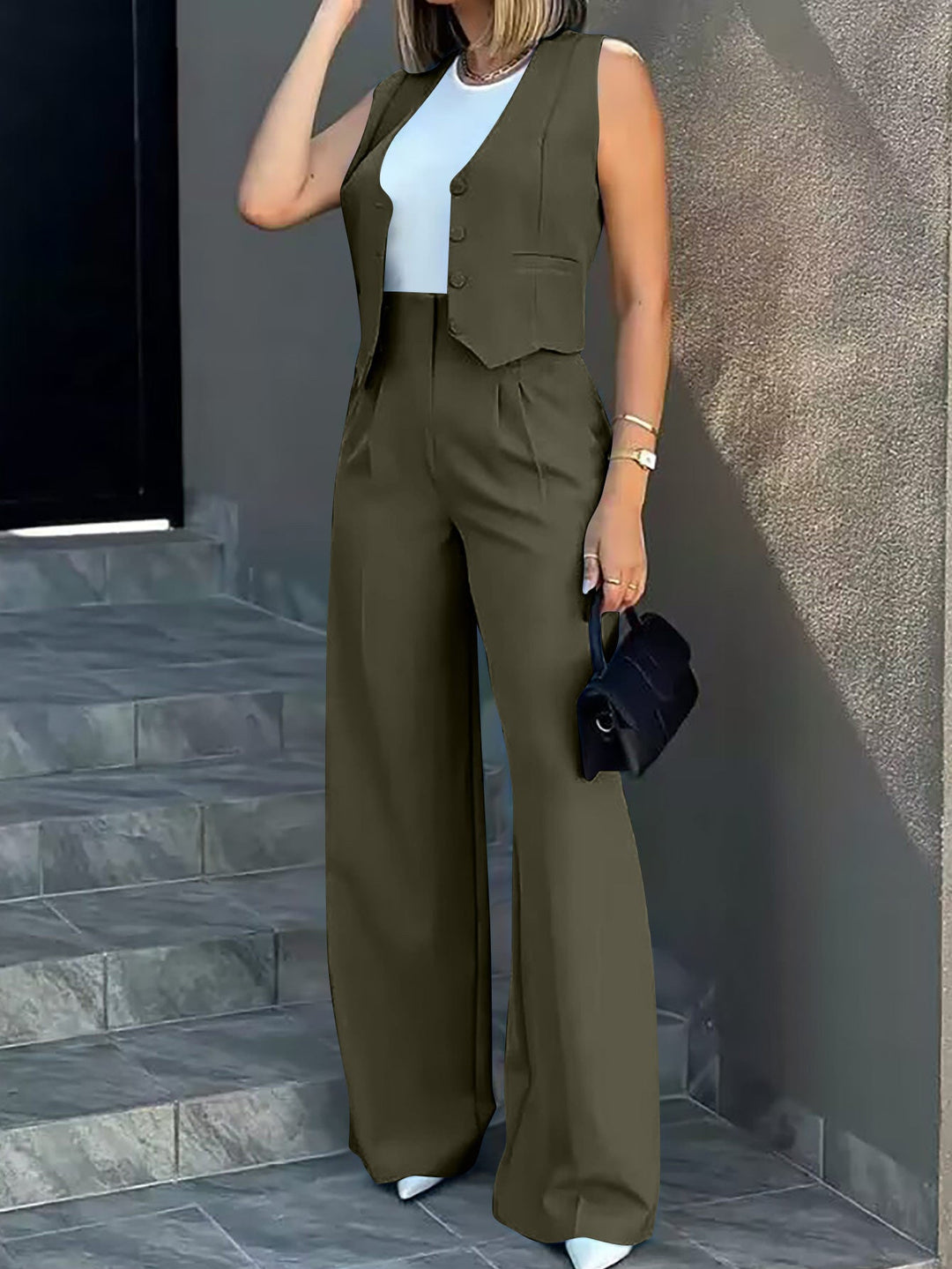 Women’s Vest and Trousers Set – Tailored Fit – High Waist – Wide Leg – Button Front