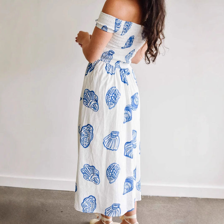 Women’s Off-Shoulder Midi Dress – Smocked Bodice – Lightweight – Flowing Fit – Shell Print