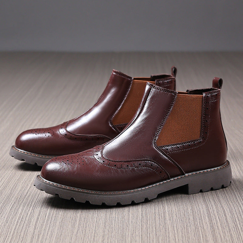 Men’s Chelsea Boots – Polished Leather – Brogue Detailing – Ankle High – Slip-On Fit