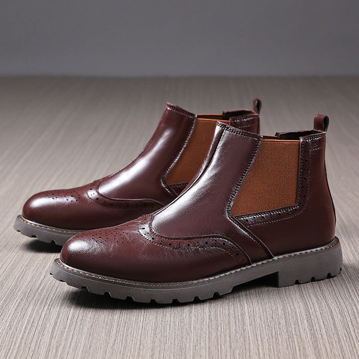 Men’s Chelsea Boots – Polished Leather – Brogue Detailing – Ankle High – Slip-On Fit