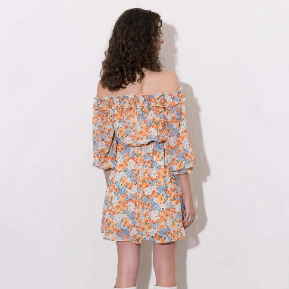 Women’s Mini Dress – Off Shoulder – Puff Sleeve – Floral Pattern – Elastic Waist