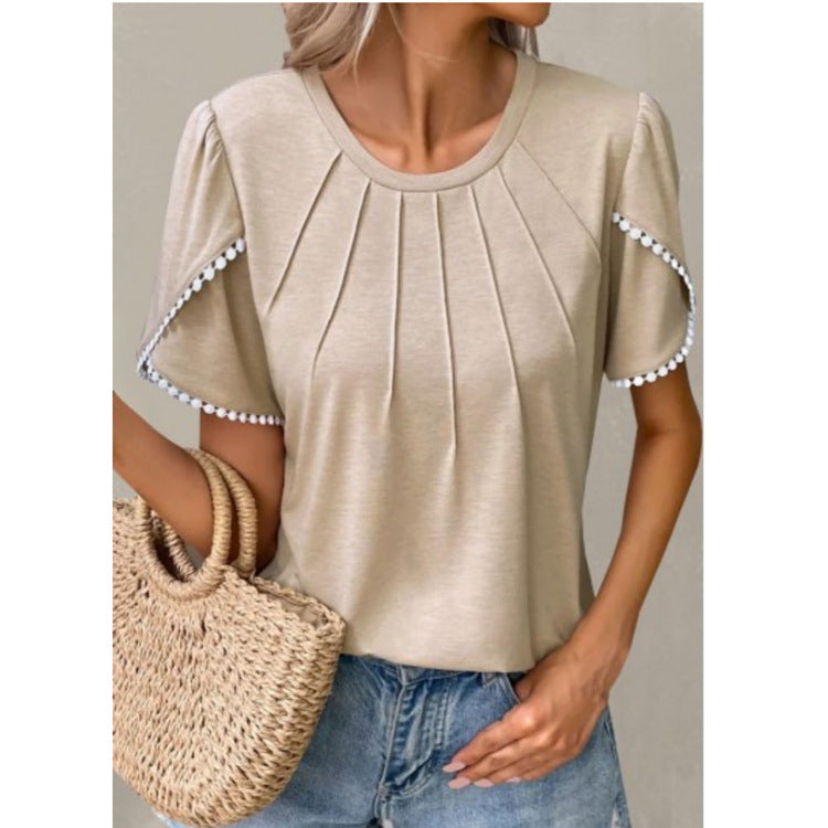 Women’s T-Shirt – Relaxed Fit – Soft Knit – Ruffled Sleeves – Pleated Front Detail
