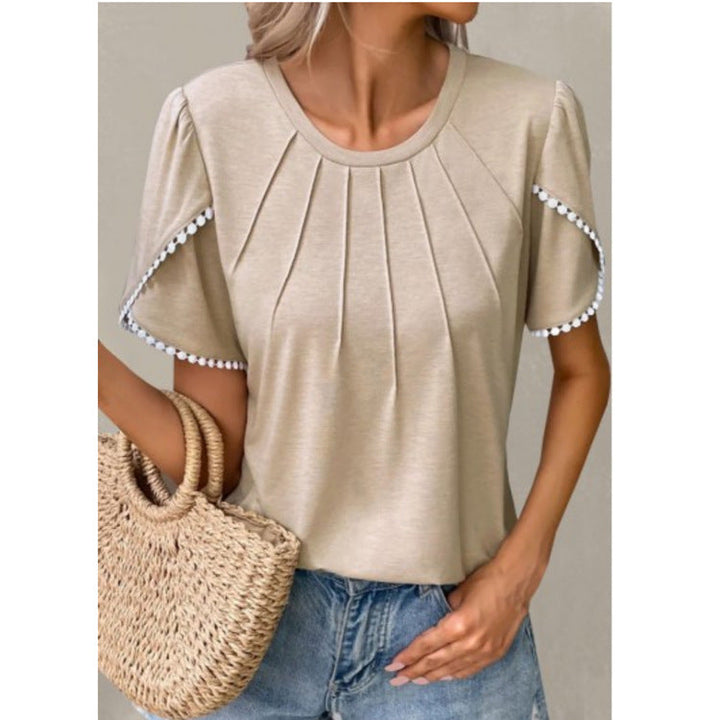 Women’s T-Shirt – Relaxed Fit – Soft Knit – Ruffled Sleeves – Pleated Front Detail