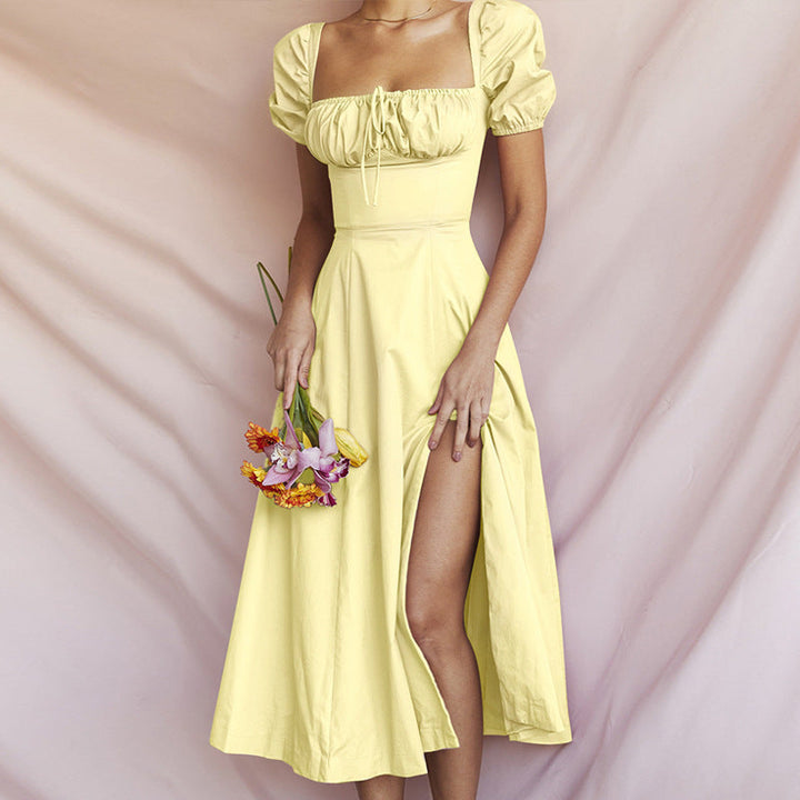 Women’s Off-Shoulder Dress - Puff Sleeve - Fitted Bodice - A-Line Midi with Front Slit