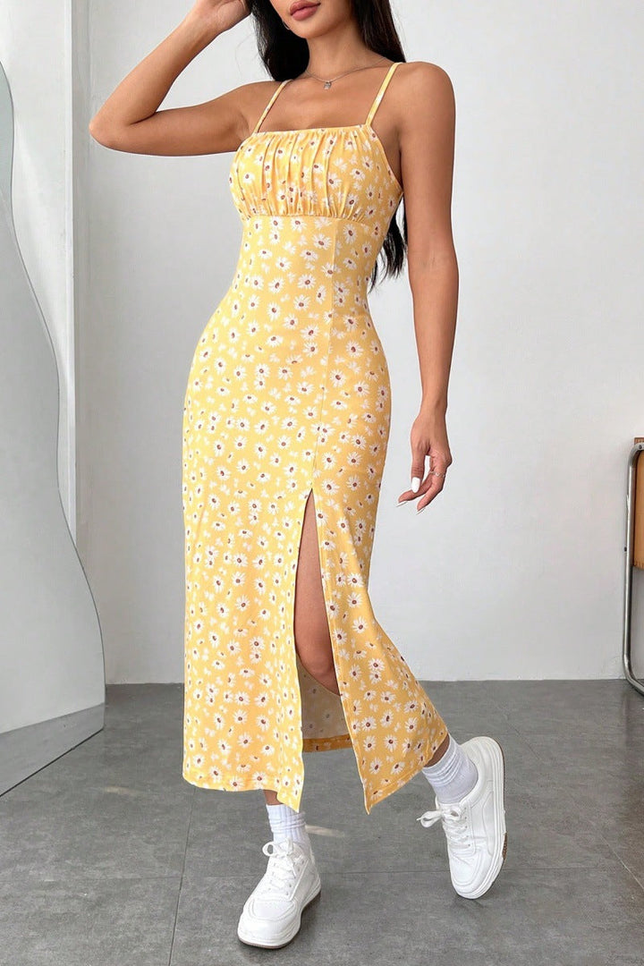 Women’s Midi Dress - Slim Fit - Spaghetti Straps - Floral Print - Side Slit Elegant Style