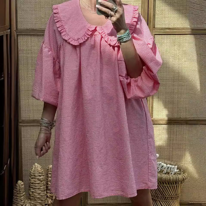 Women’s A-Line Dress - Checkered Cotton - Frilled Collar - Puff Sleeve Casual Fit