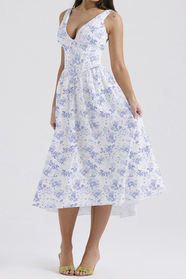 Women’s A-Line Dress – V-Neck – Lightweight Fabric – Midi Length – Floral Print
