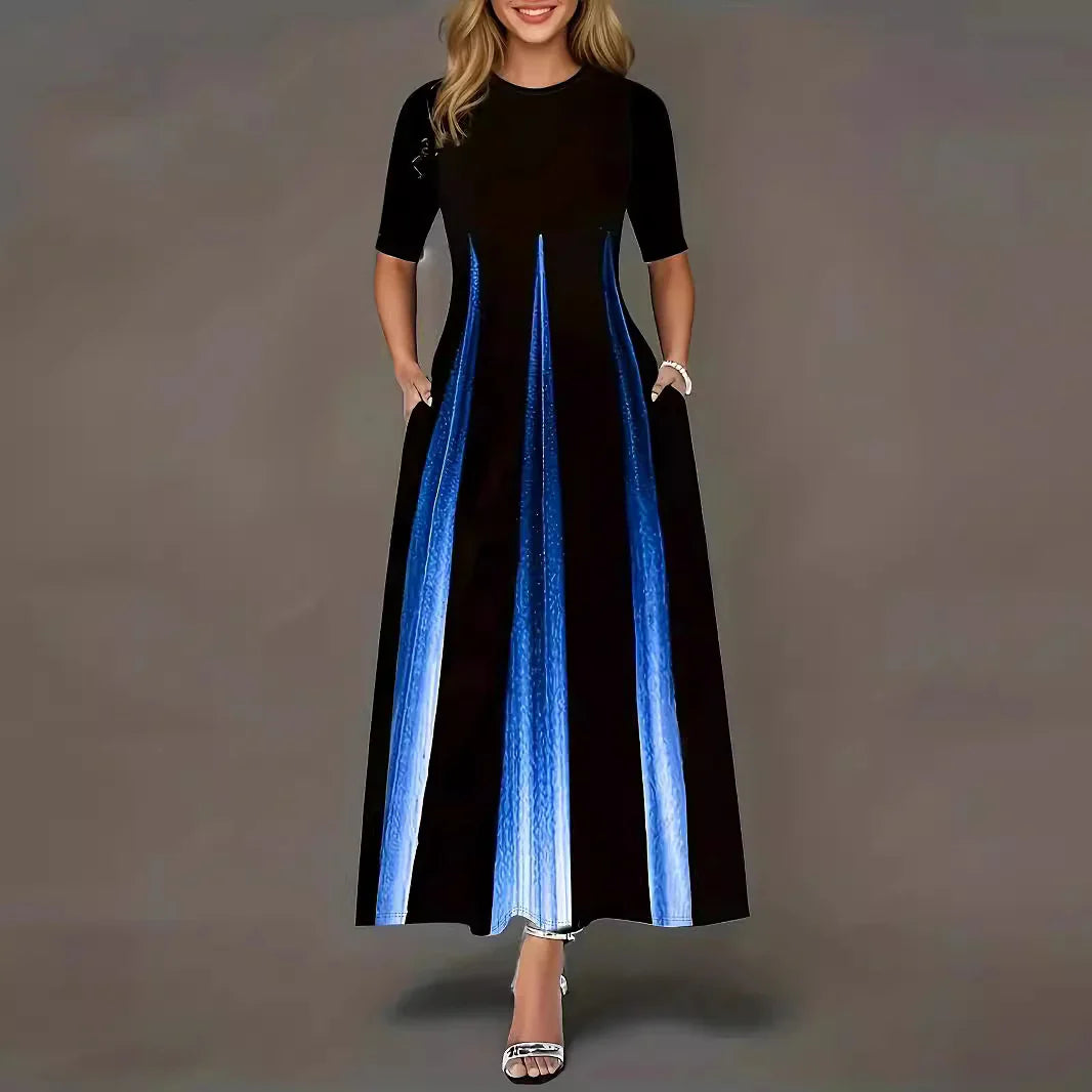 Women’s Maxi Dress – Flowing Fit – Pleated Skirt – Short Sleeve – Side Pockets