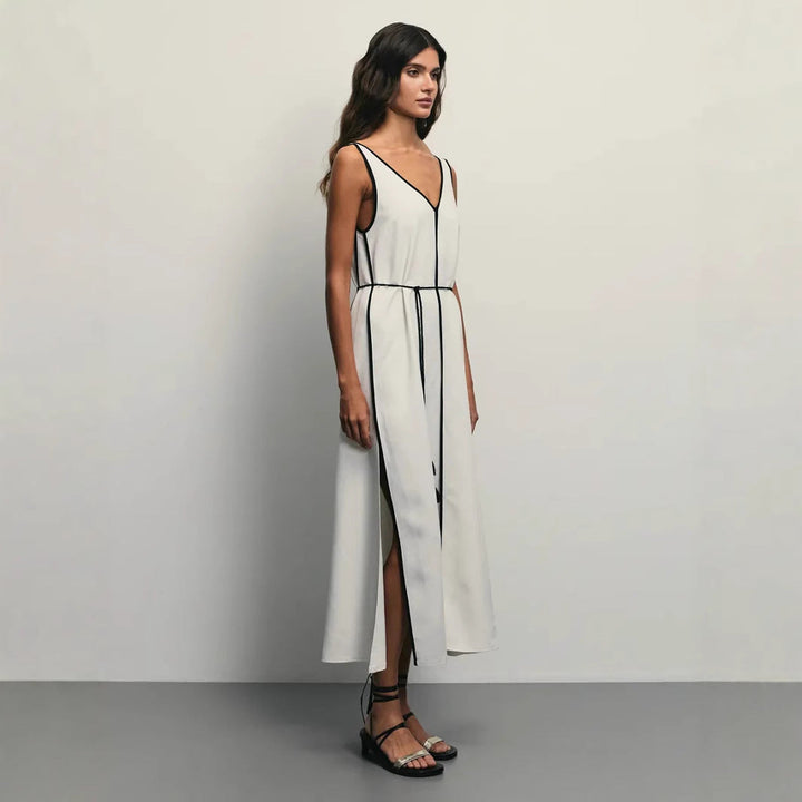 Women’s Maxi Dress – V-Neck – Waist Belt – Flared Silhouette – Contrasting Trim