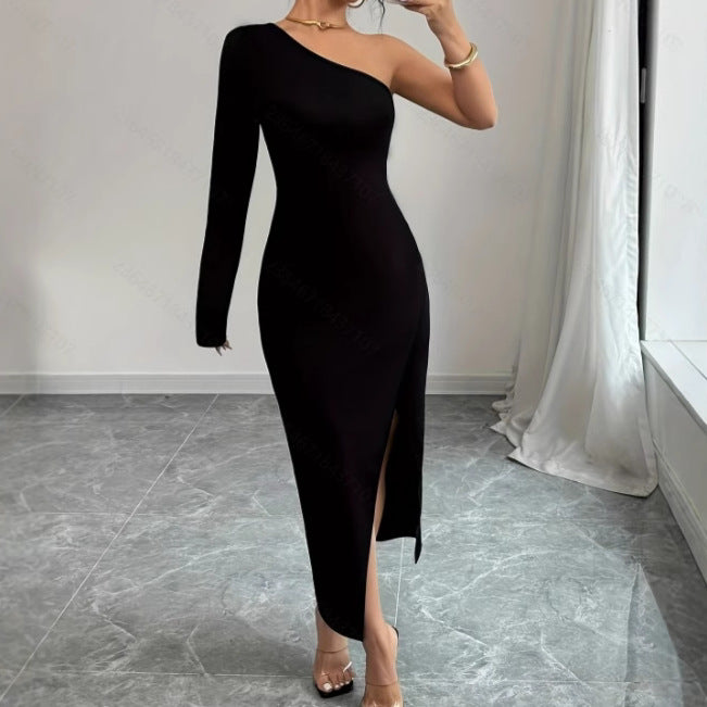 Women’s One-Shoulder Dress - Asymmetrical Hem - Long Sleeve - High Slit Fitted Evening Wear