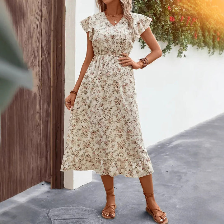 Women’s Midi Dress – V-Neck – Flutter Sleeve – Cinched Waist – Ruffled Hem – Relaxed Fit