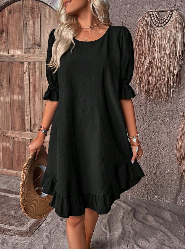 Women’s Midi Dress – Relaxed Fit – Ruffle Sleeves – Flowy Hem – Breathable Blend