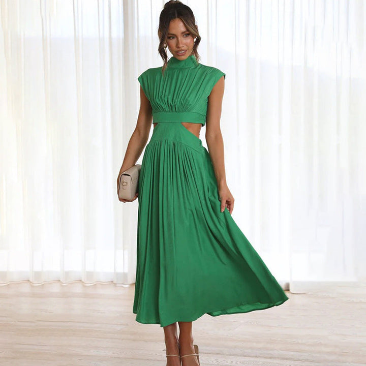 Women’s Midi Dress – Elegant Fit – Pleated Bodice – Waist Cut-Out – Soft Luxury Fabric