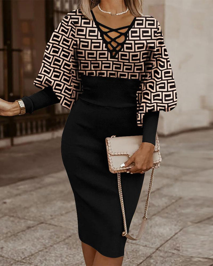 Women’s Bodycon Dress – Crisscross V-Neck – Balloon Long Sleeve – Plaid – Cinched Waist