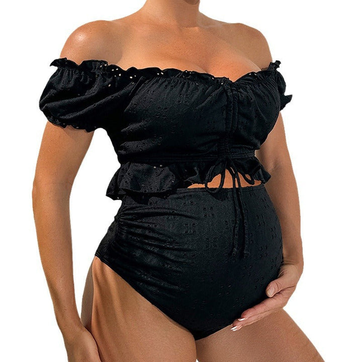 Women's Maternity Split Swimsuit – Off-Shoulder Top – Ruffled Trim – High-Waist Bottom – Breathable Blend